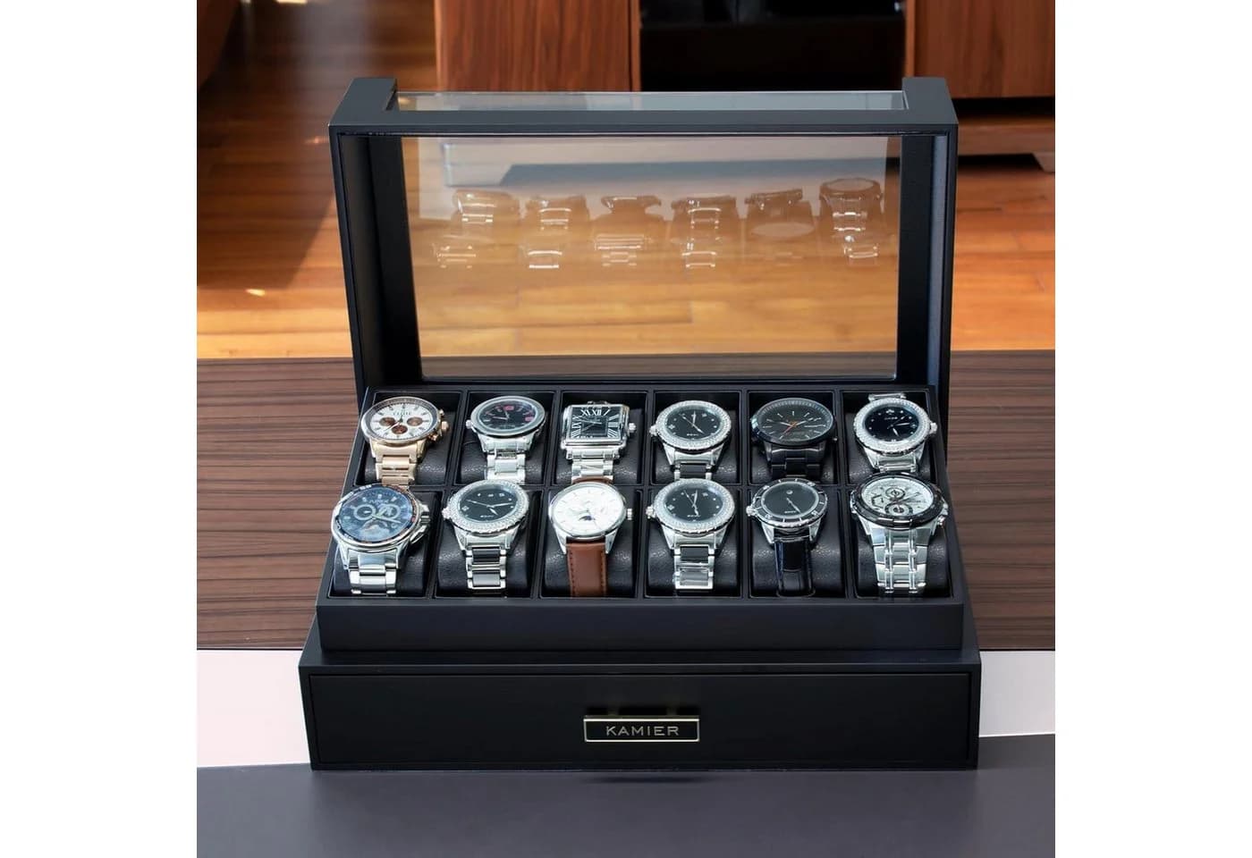 LuxusKollektion Uhrenbox Herren 12 Fächer Massivholz Schwarz - Bild 3
