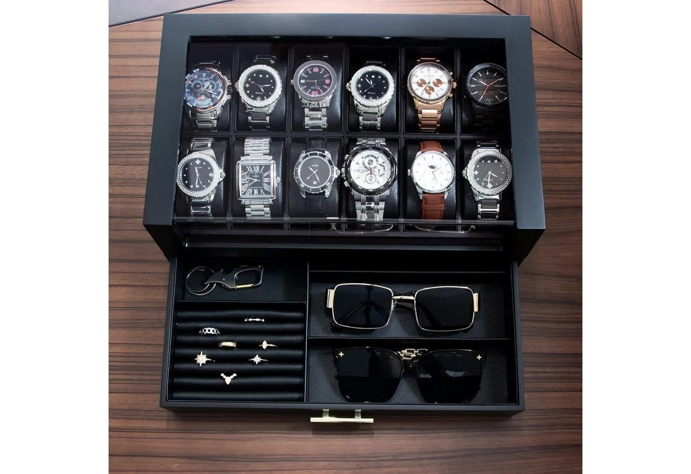 LuxusKollektion Uhrenbox Herren 12 Fächer Massivholz Schwarz - Bild 4
