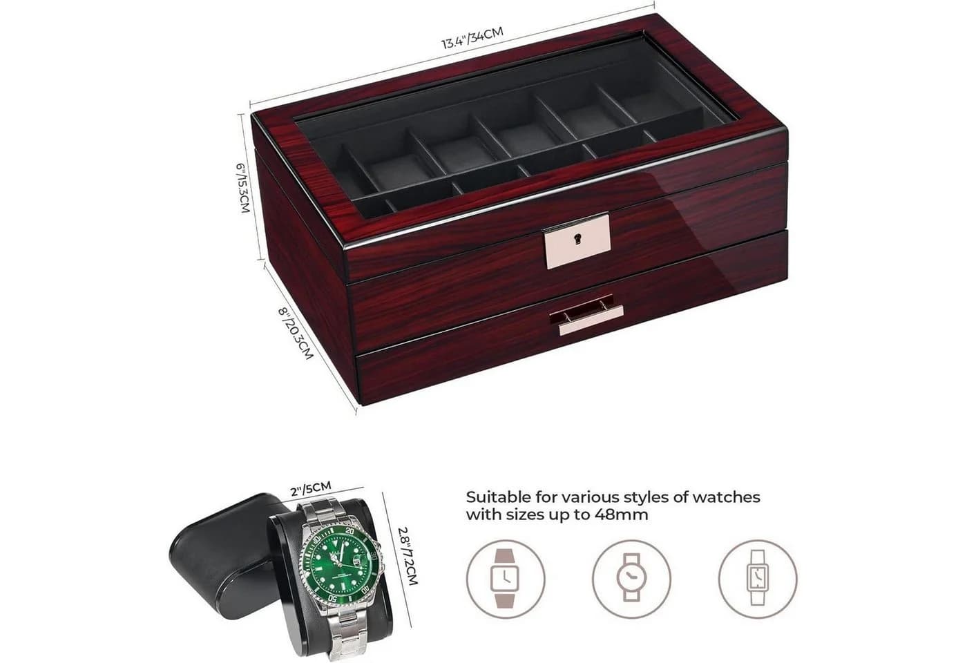 Luxus Uhrenbox 12 Slots Glasdeckel Holz - Bild 5