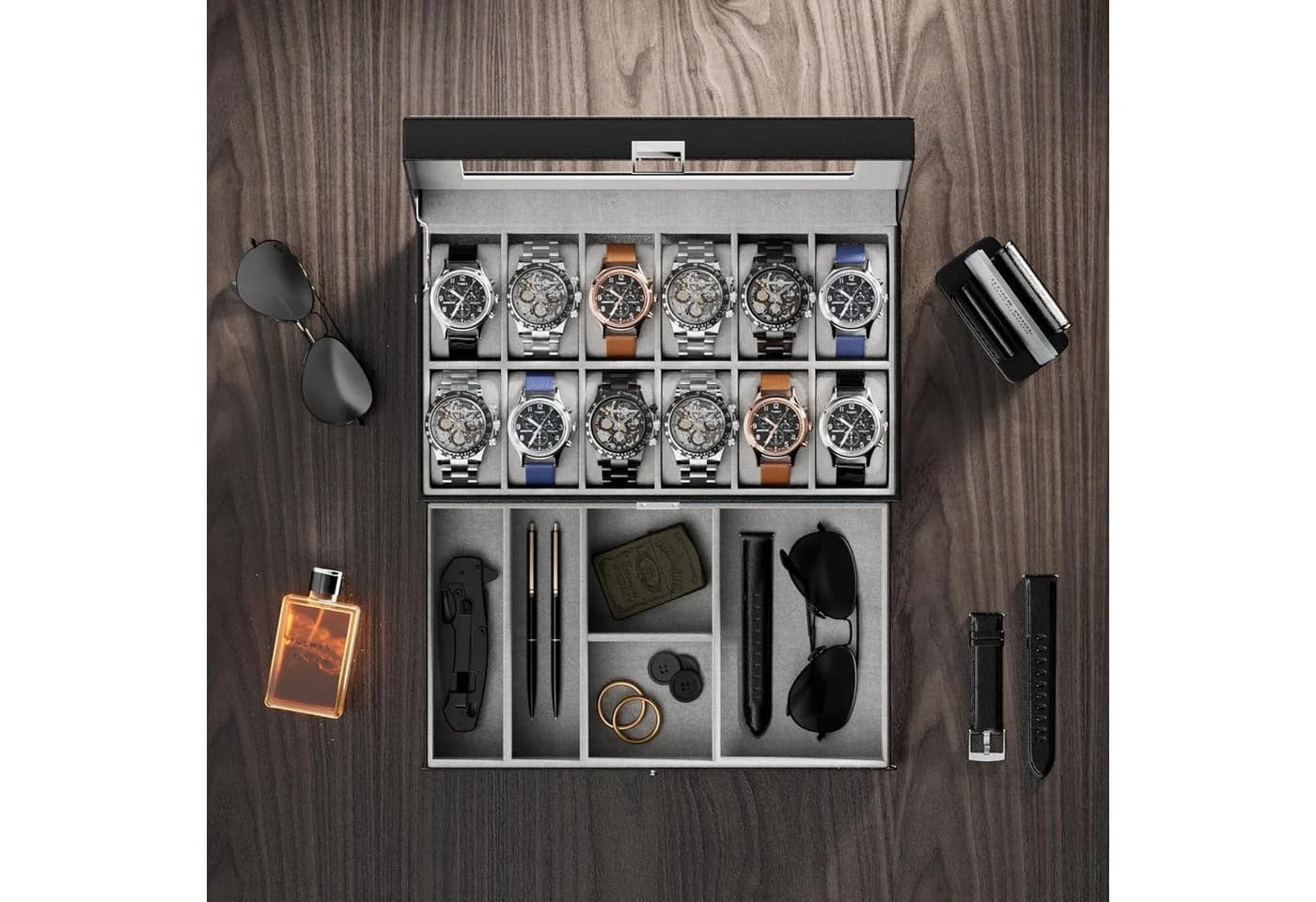 LuxusKollektion Uhrenbox 24 Fächer Glasdeckel Schwarz