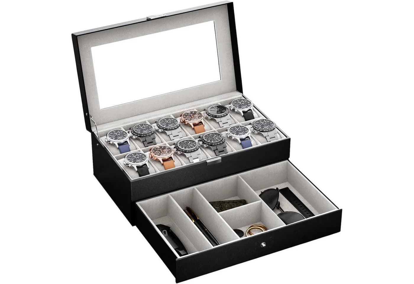 LuxusKollektion Uhrenbox 24 Fächer Glasdeckel Schwarz - Bild 2