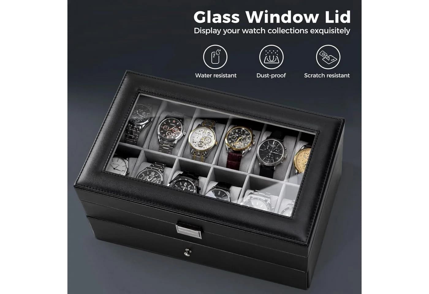 LuxusKollektion Uhrenbox 24 Fächer Glasdeckel Schwarz - Bild 3