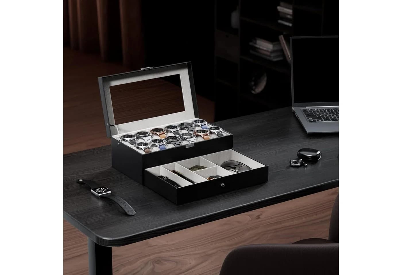 LuxusKollektion Uhrenbox 24 Fächer Glasdeckel Schwarz - Bild 5