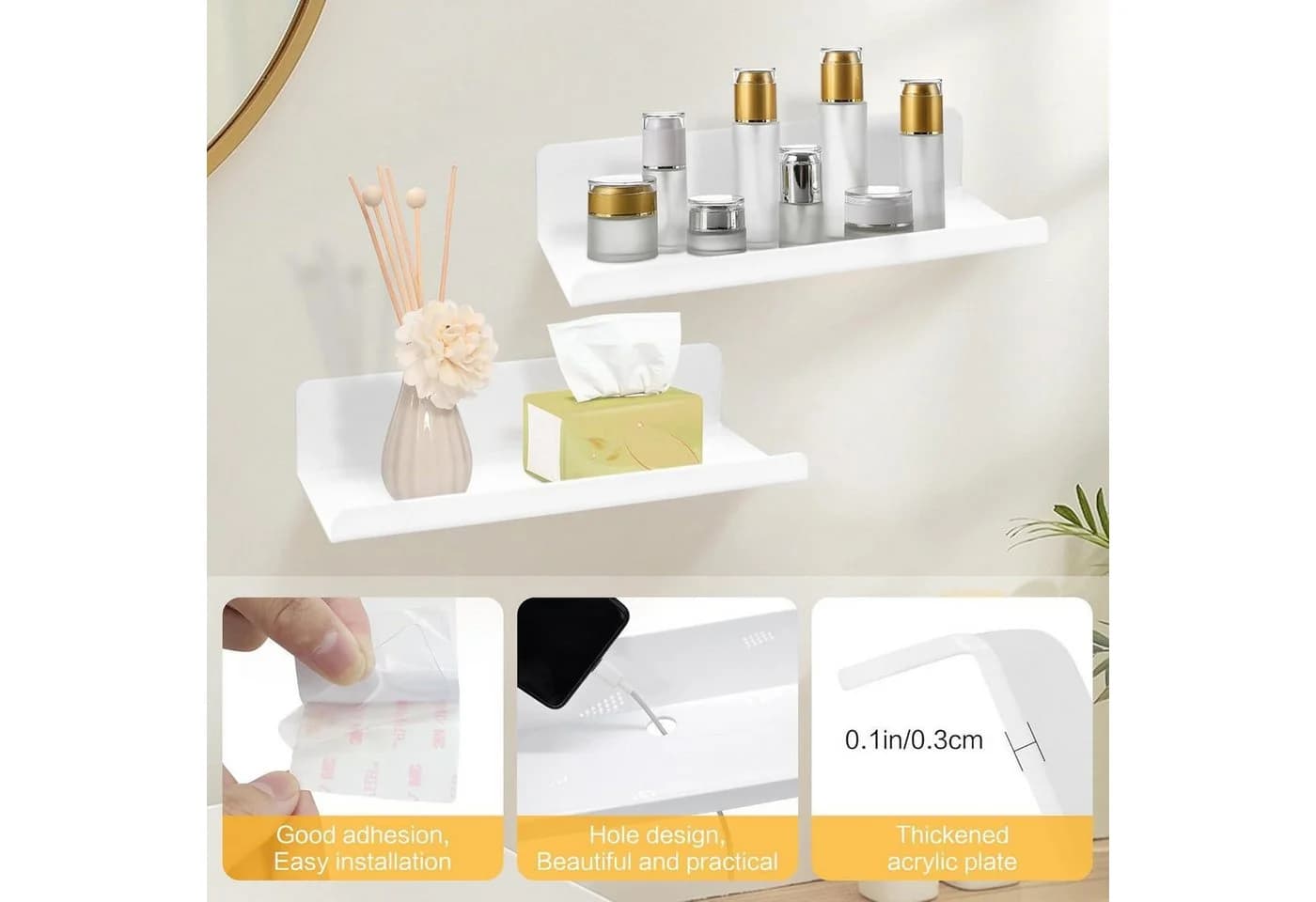 LuxusKollektion Wandregal 3er Set Weiß Acryl Selbstklebend 30cm - Bild 3