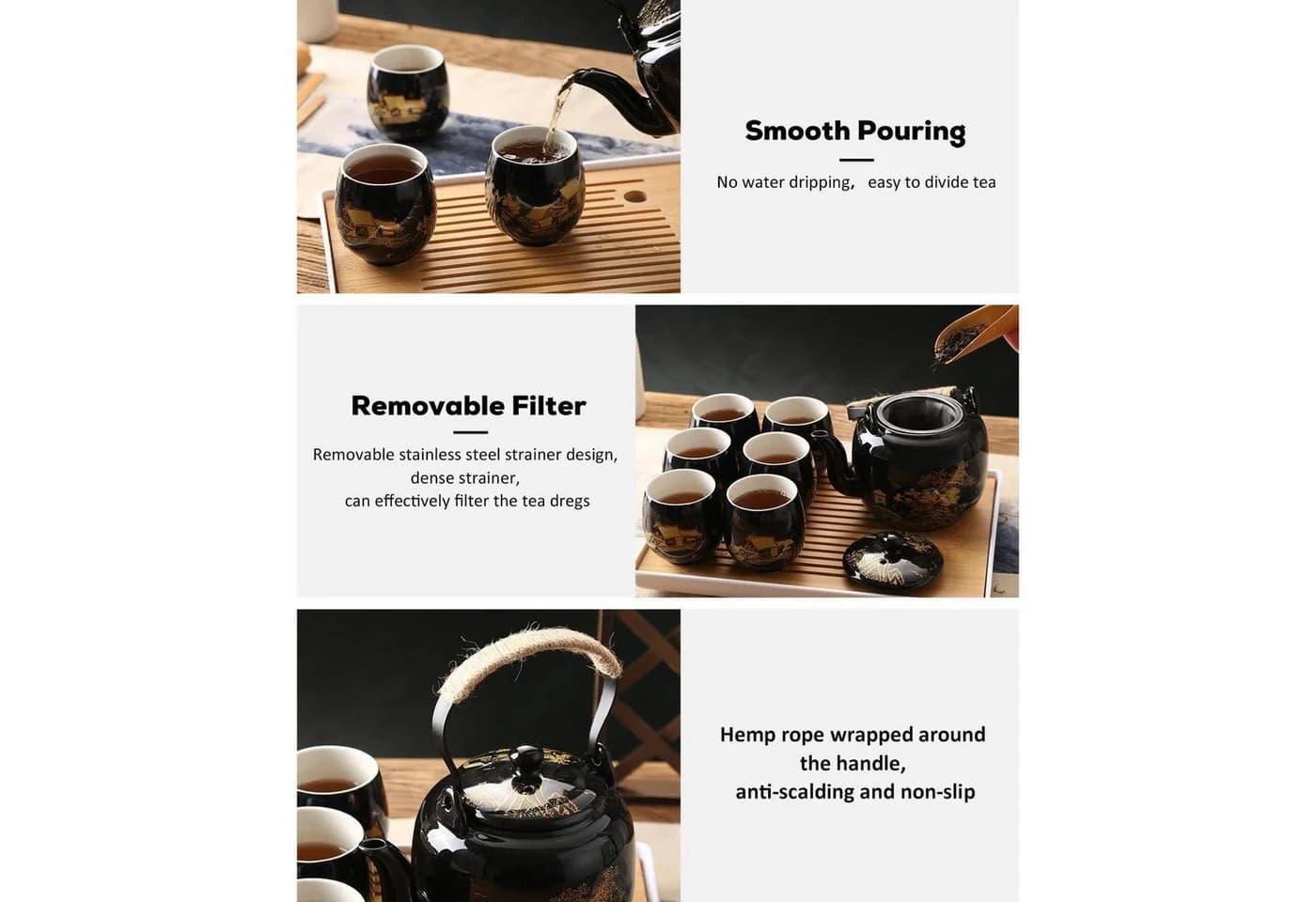 DUJUST Teeservice Japanisch Schwarz Gold Porzellan mit Kanne & Tablett - Bild 3
