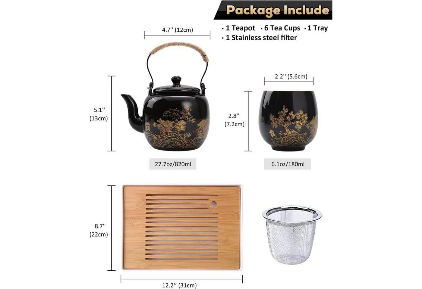 DUJUST Teeservice Japanisch Schwarz Gold Porzellan mit Kanne & Tablett - Bild 5