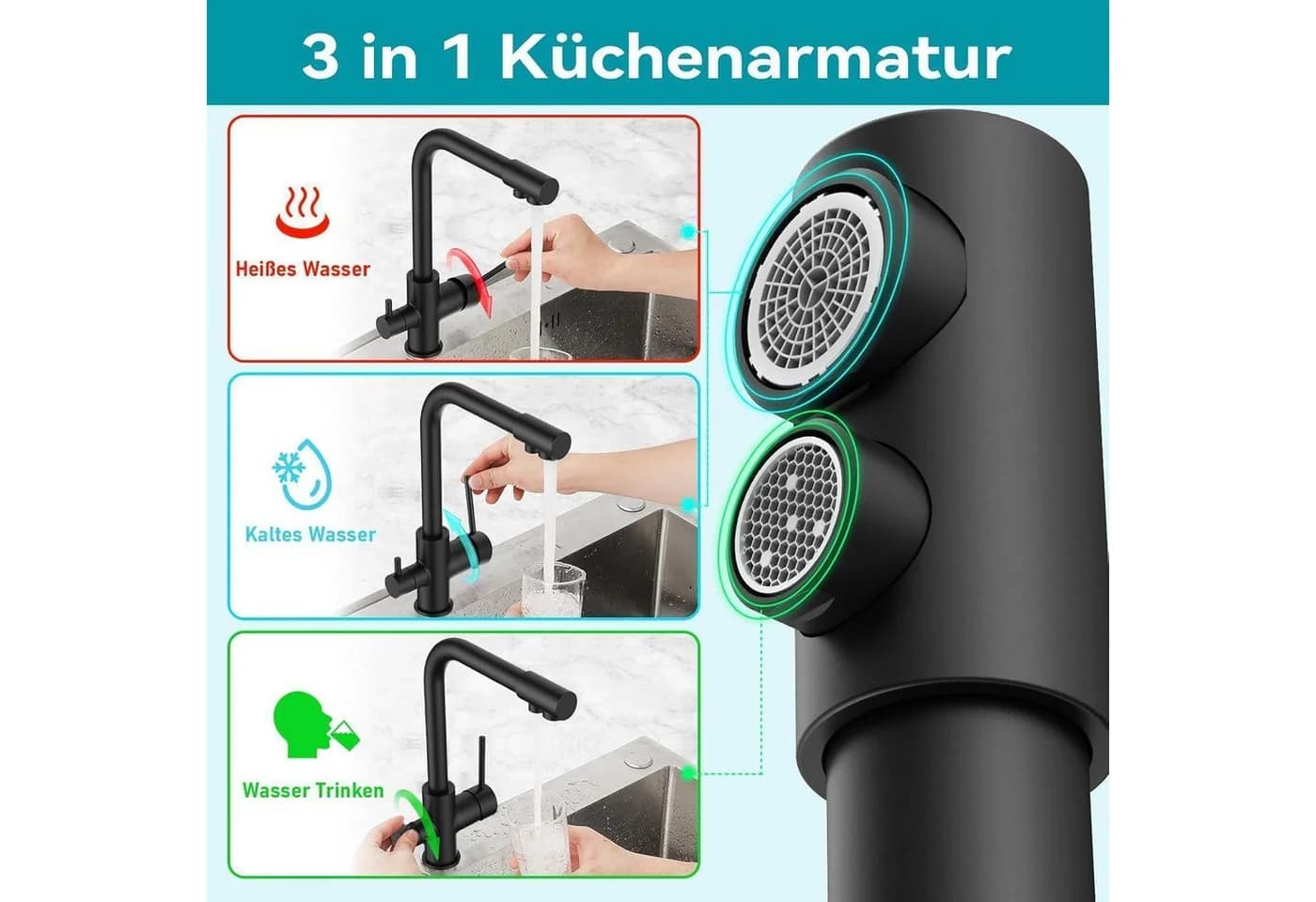 LuxusKollektion Küchenarmatur Schwarz 3-Wege Mischbatterie Edelstahl - Bild 1