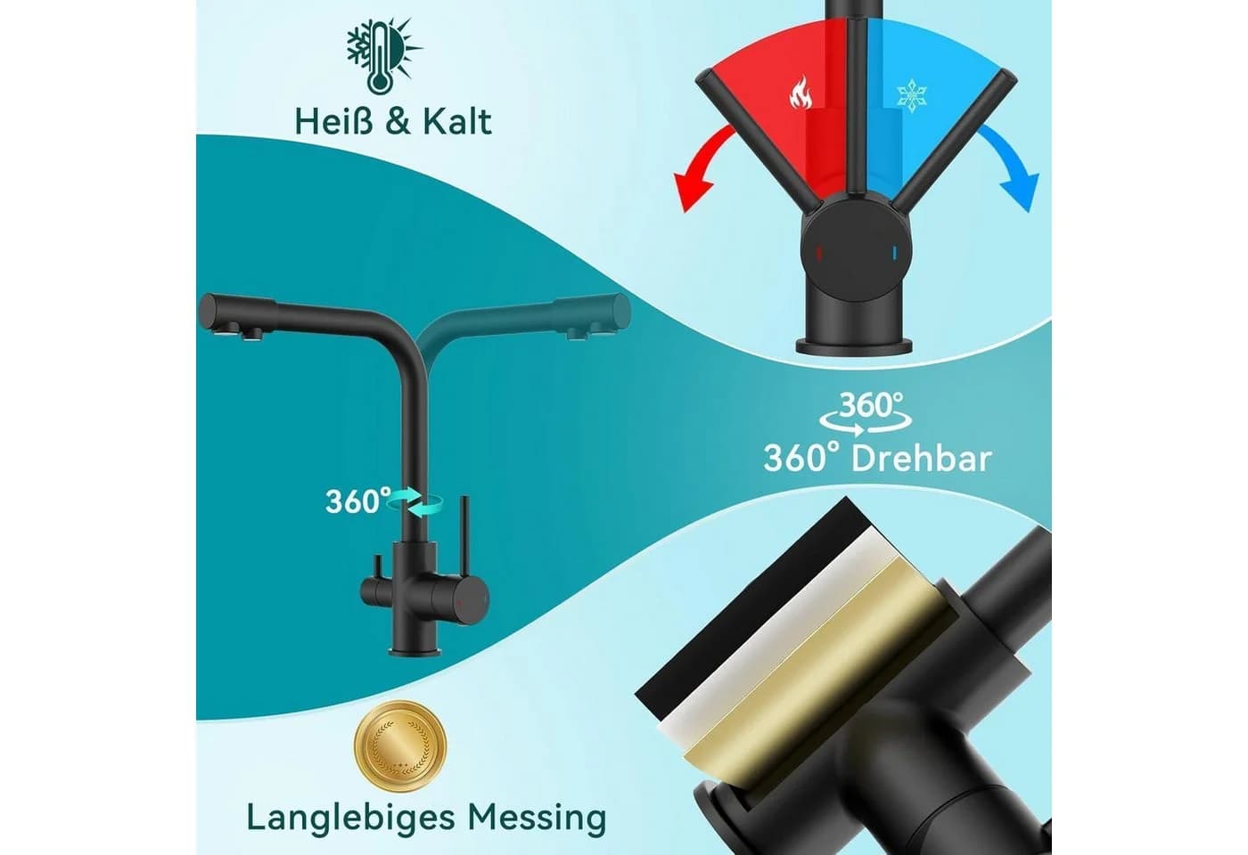 LuxusKollektion Küchenarmatur Schwarz 3-Wege Mischbatterie Edelstahl - Bild 5