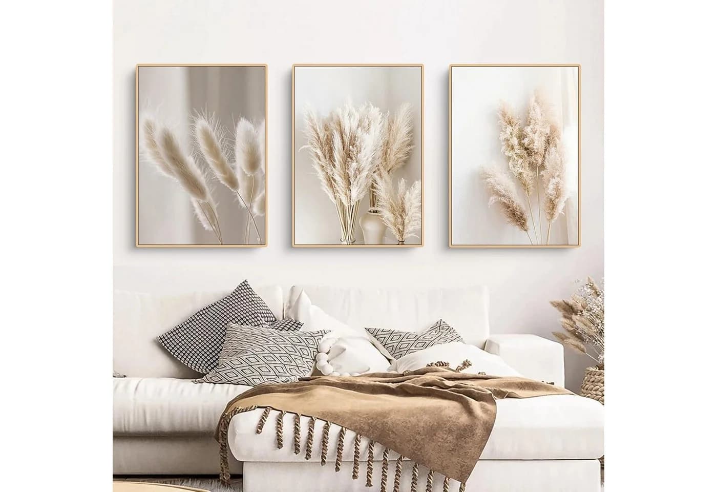 Trayosin Poster 3er Set Beige Pampasgras Boho Wanddekoration
