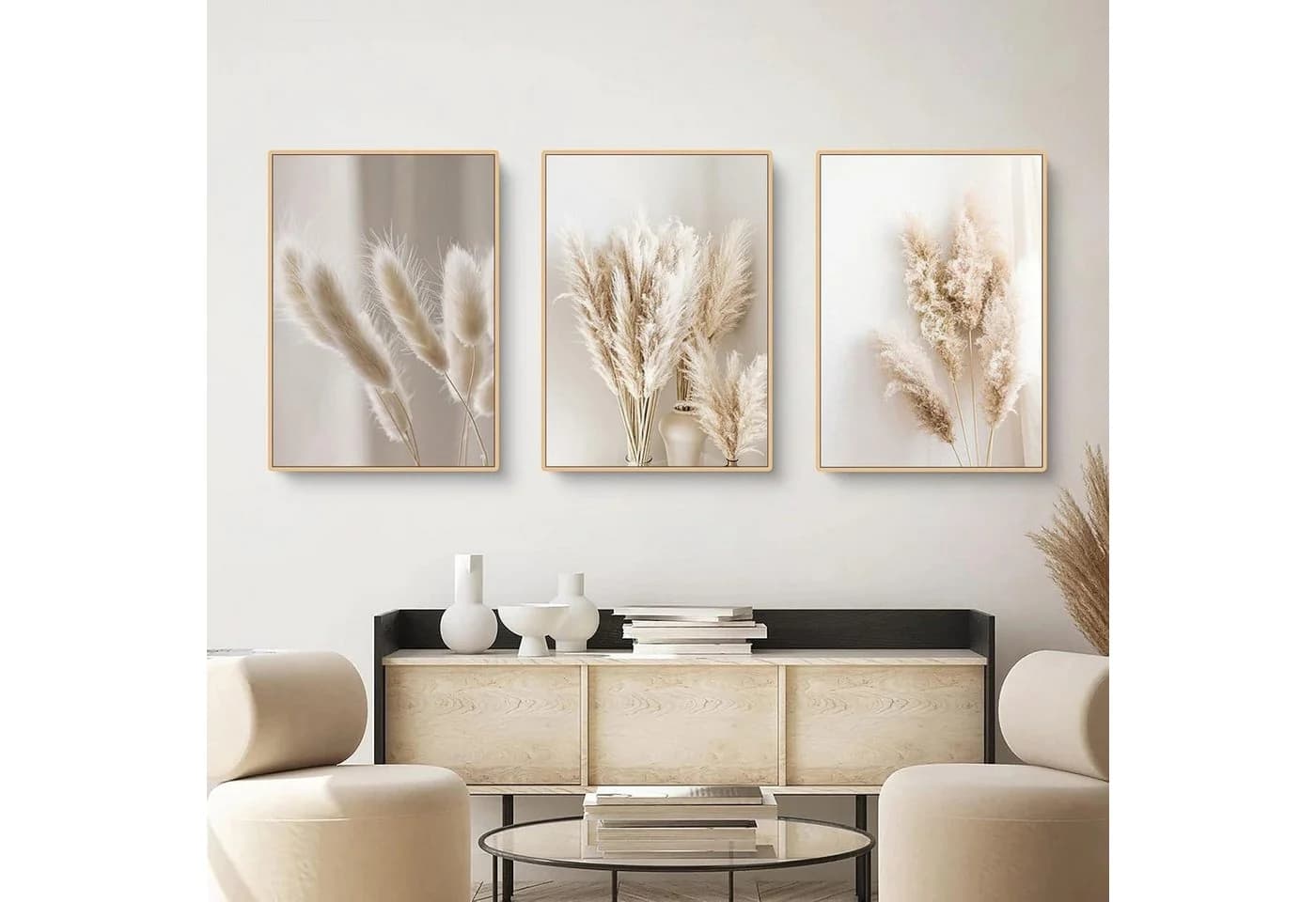 Trayosin Poster 3er Set Beige Pampasgras Boho Wanddekoration - Bild 4