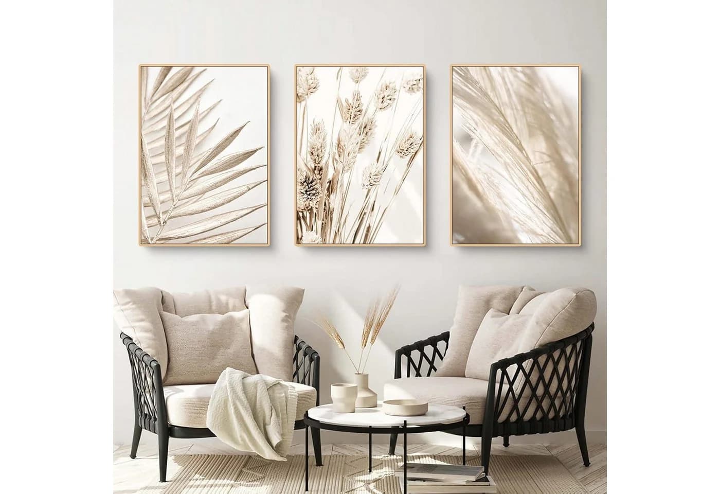 Trayosin Poster 3er Set Boho Pampasgras Wandbilder Beige