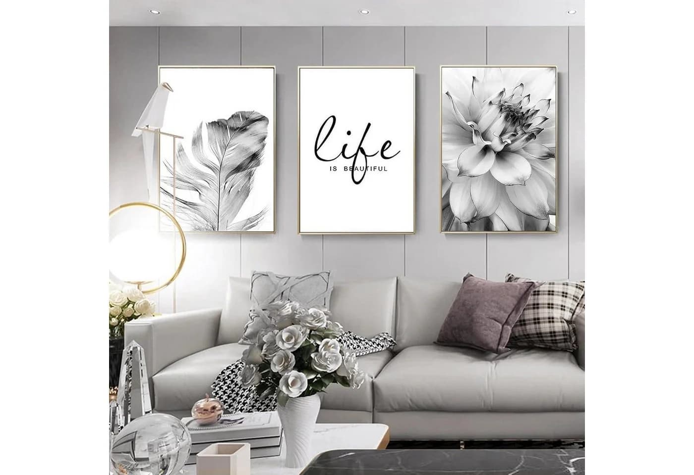 Trayosin 3-teiliges Poster Set Schwarz Weiß Blumen Federn Löwenzahn