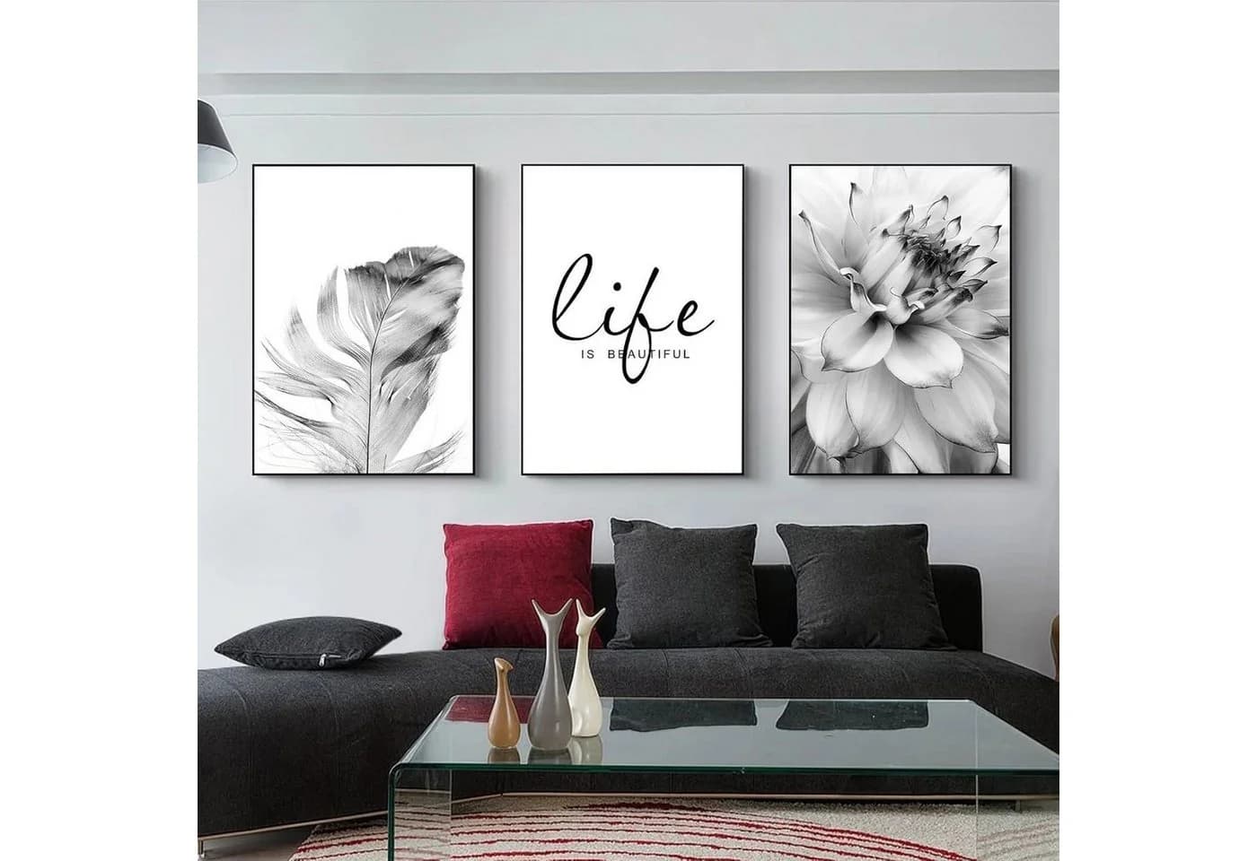 Trayosin 3-teiliges Poster Set Schwarz Weiß Blumen Federn Löwenzahn - Bild 2