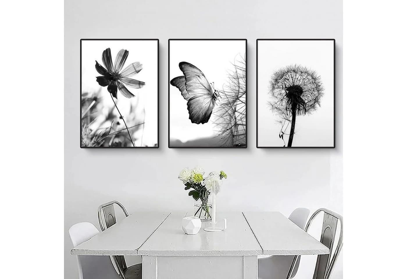Martin Kench Poster 3er Set Schwarz-Weißer Schmetterling Blume Löwenzahn Modernes