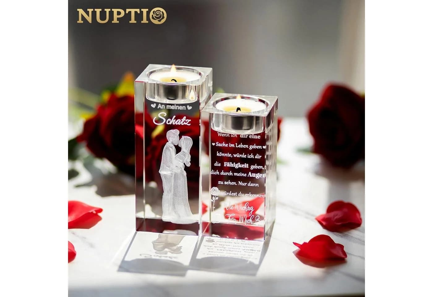 LuxusKollektion Teelichthalter Kristall 3D Gravur Partner Geschenk Hochzeit Jahrestag