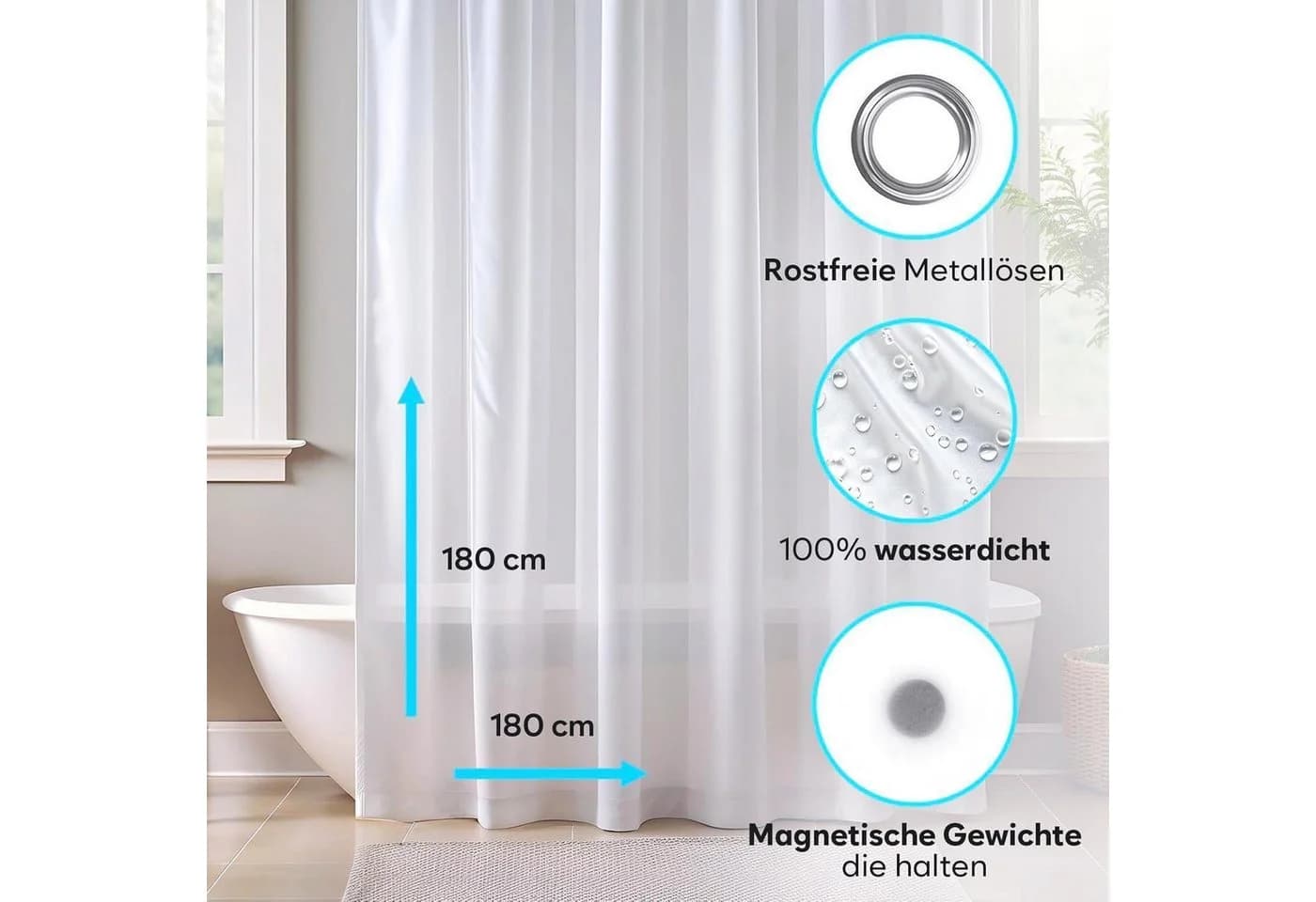LuxusKollektion Duschvorhang Transparent PEVA mit Magneten & Ösen - Bild 5