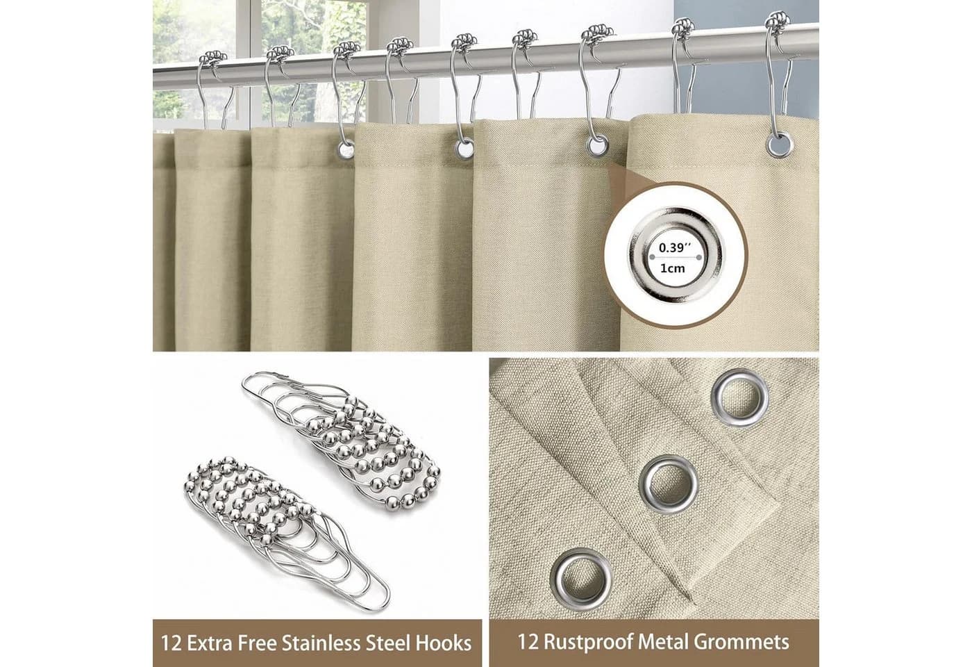 LuxusKollektion Duschvorhang Taupe Leinenoptik wasserdicht mit Metallhaken - Bild 3