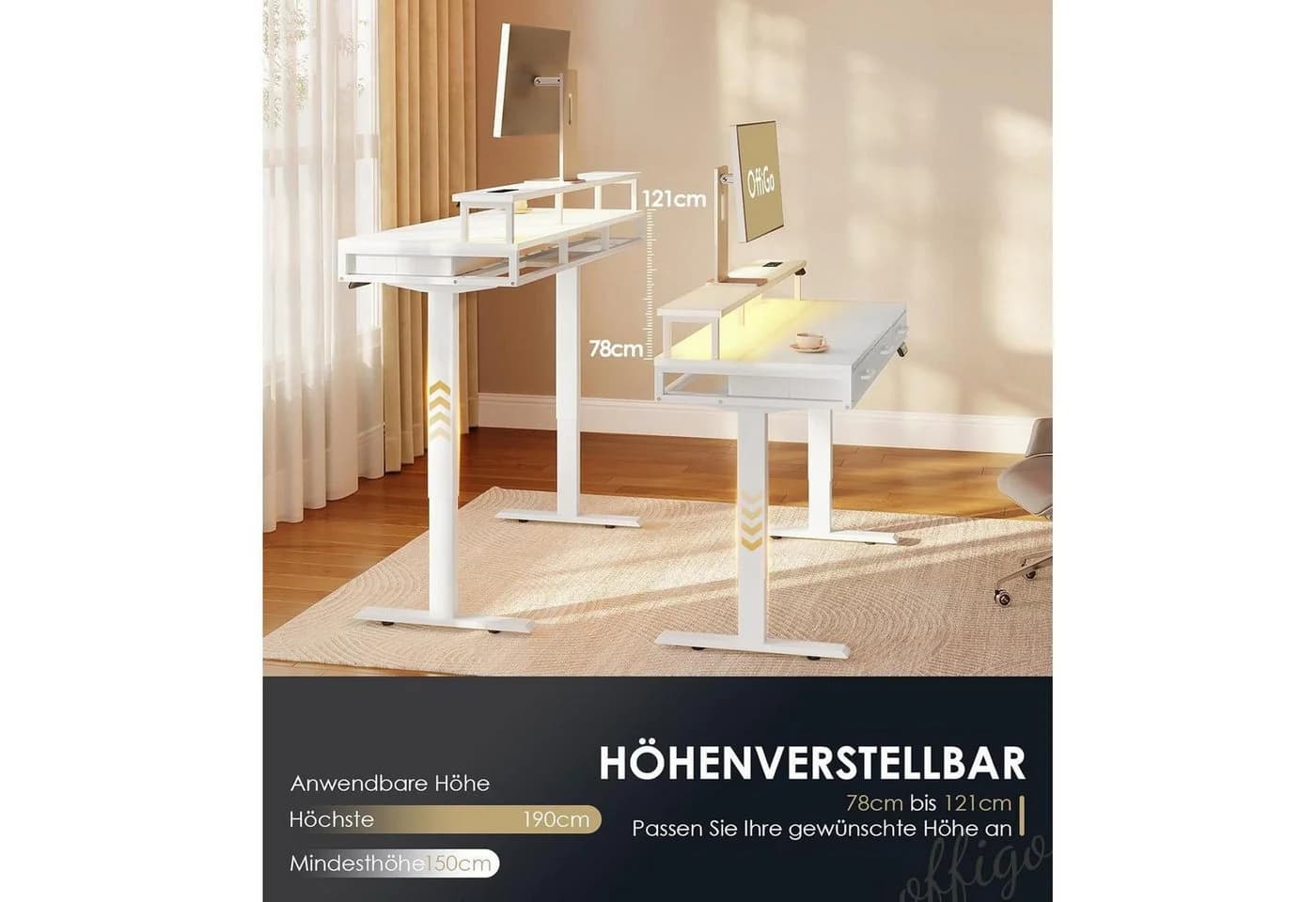 LuxusKollektion Elektrischer Schreibtisch mit Schubladen, 120 cm Höhenverstellbar - Bild 4