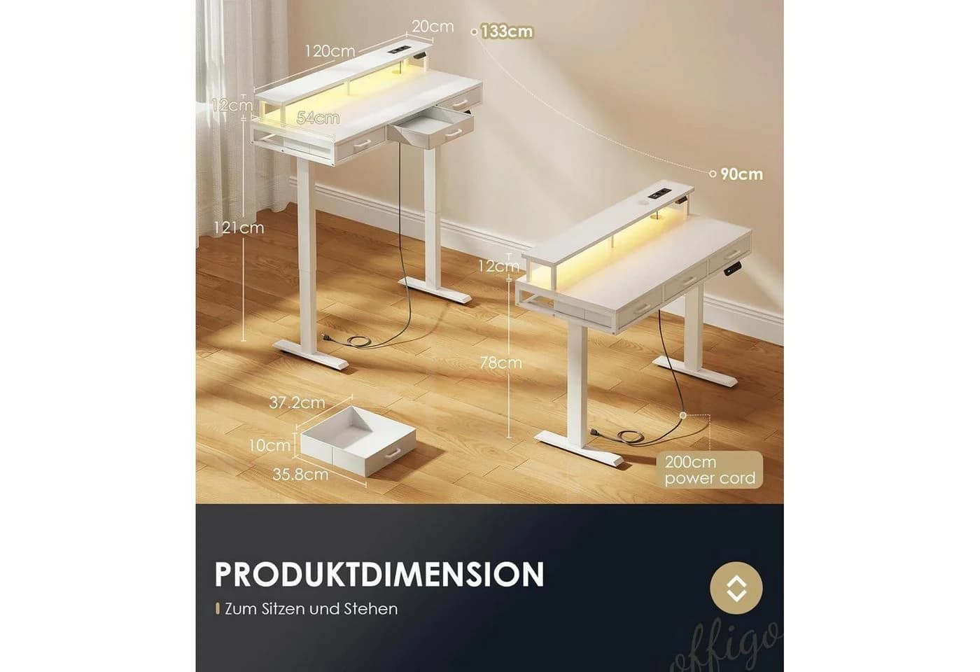 LuxusKollektion Elektrischer Schreibtisch mit Schubladen, 120 cm Höhenverstellbar - Bild 5