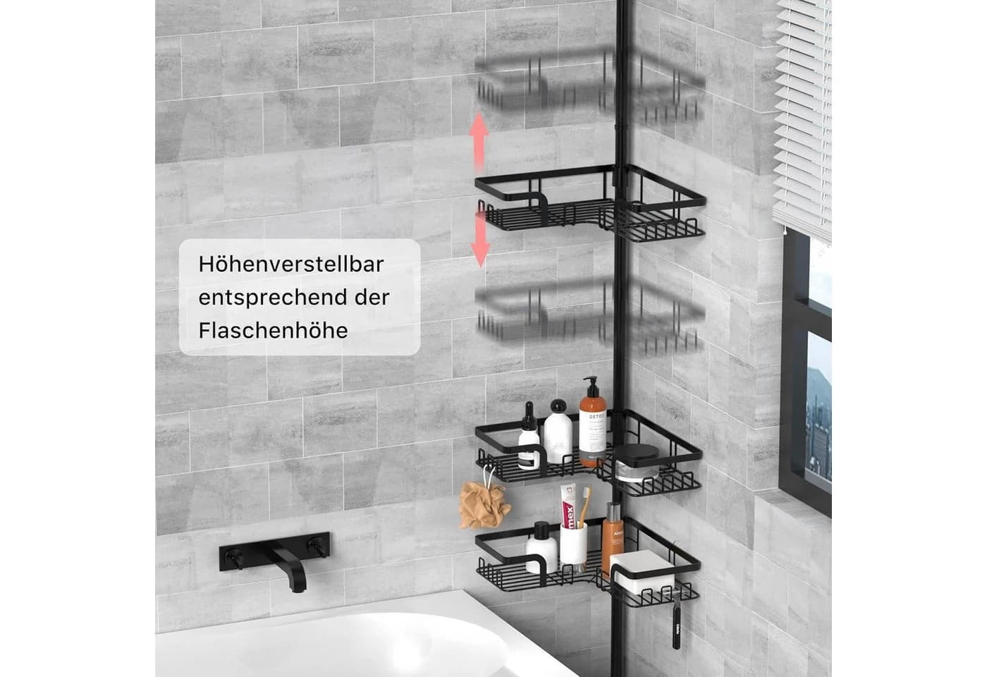 LuxusKollektion Teleskop Duschablage 4 Körbe Schwarz ohne Bohren