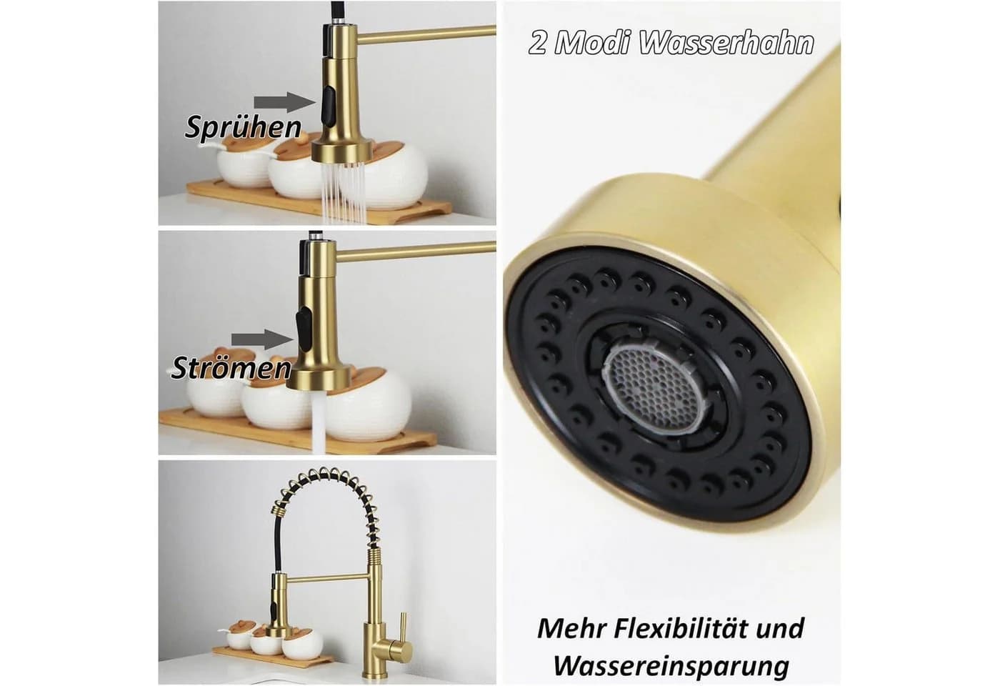 LuxusKollektion Küchenarmatur Ausziehbar Brause Edelstahl 304 Gebürstetes Gold - Bild 4