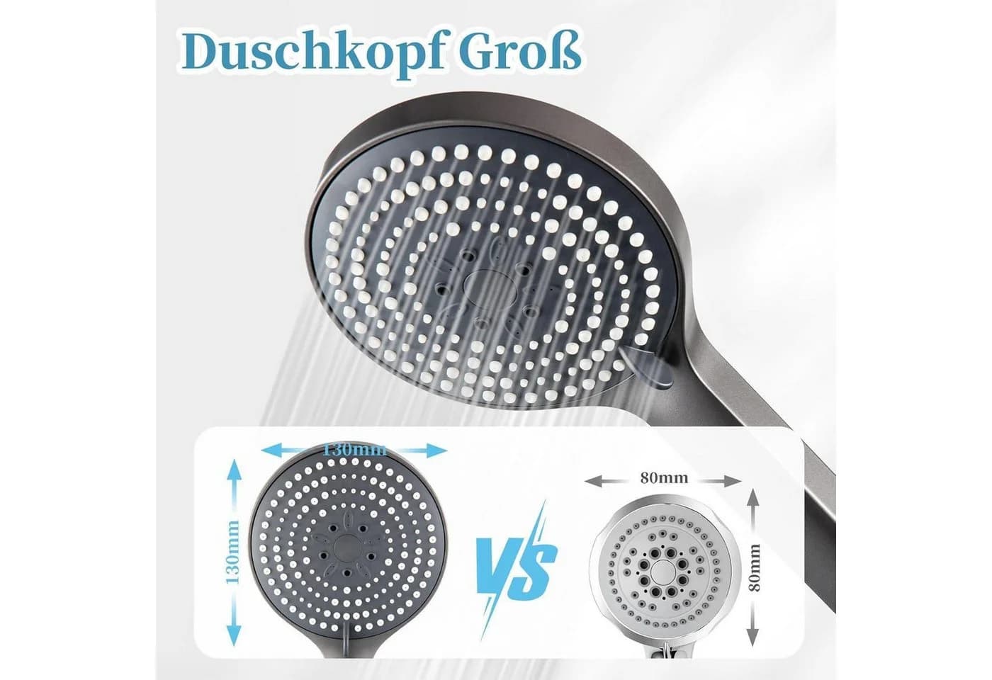 Duschkopf XXL 130mm Gebürstetes Schwarzchrom 6-Sprüharten