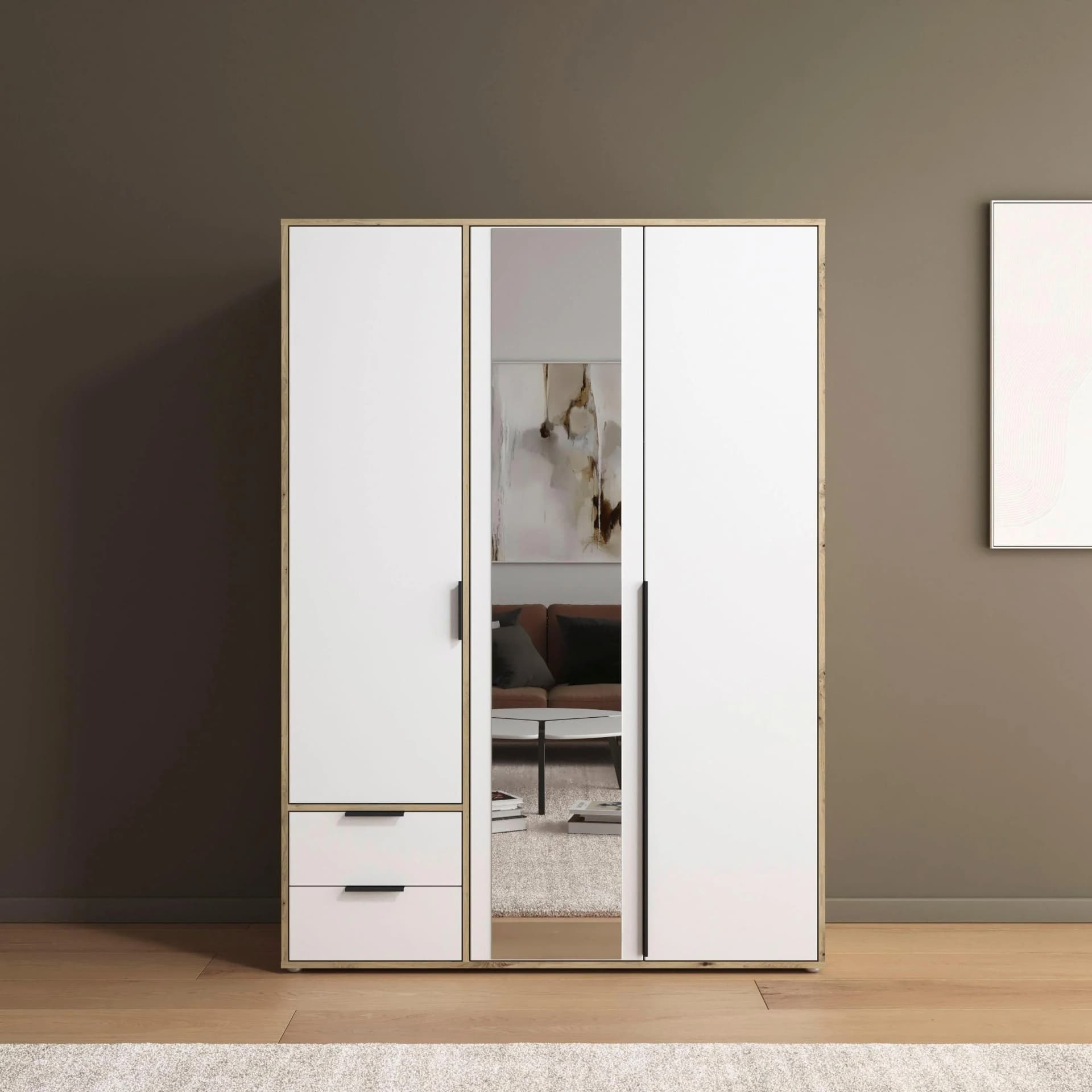 Rauch NAGATA Kleiderschrank mit Spiegel Weiß Eiche Artisan
