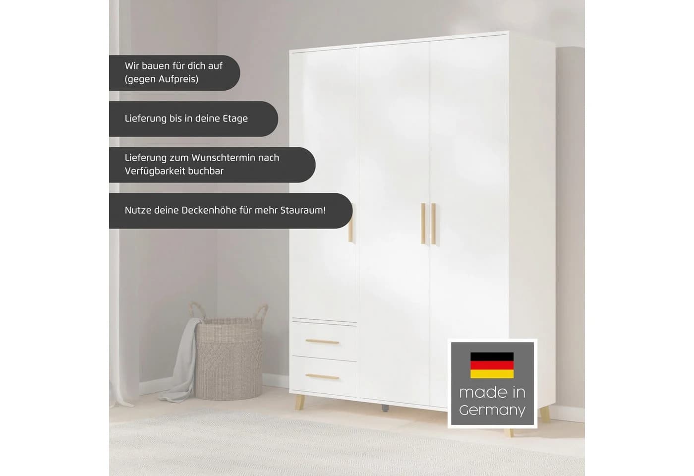 Rauch SHINJO Drehtürenschrank Alpinweiß mit Massivholz-Griffen - Bild 3