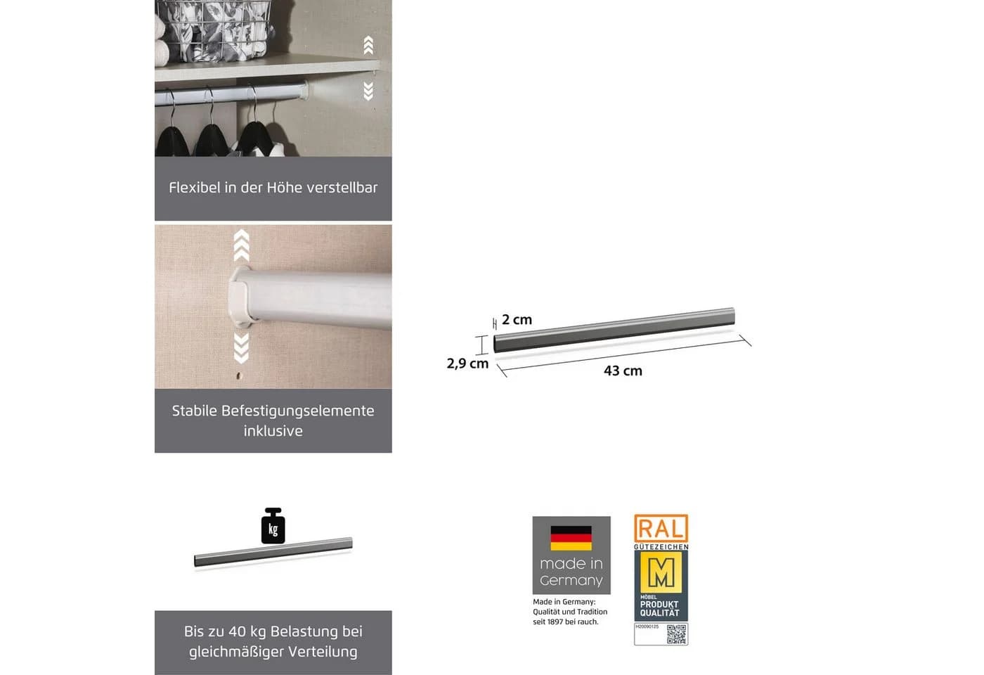 Rauch Kleiderstange Zubehör für Rauch-Schränke 43 cm Metall