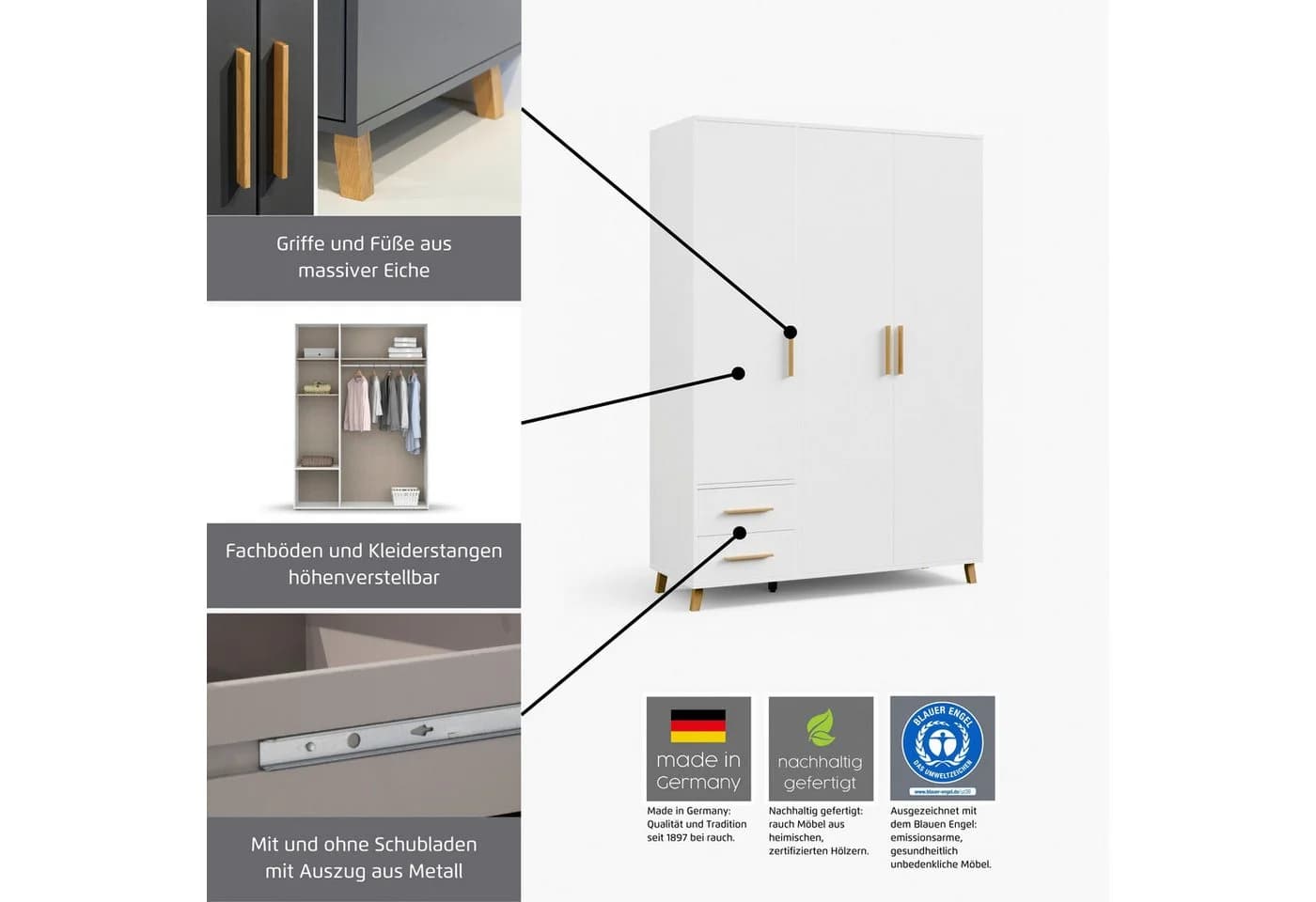 RAUCH SHINJO Drehtürenschrank Grau Massivholzgriffe - Bild 5