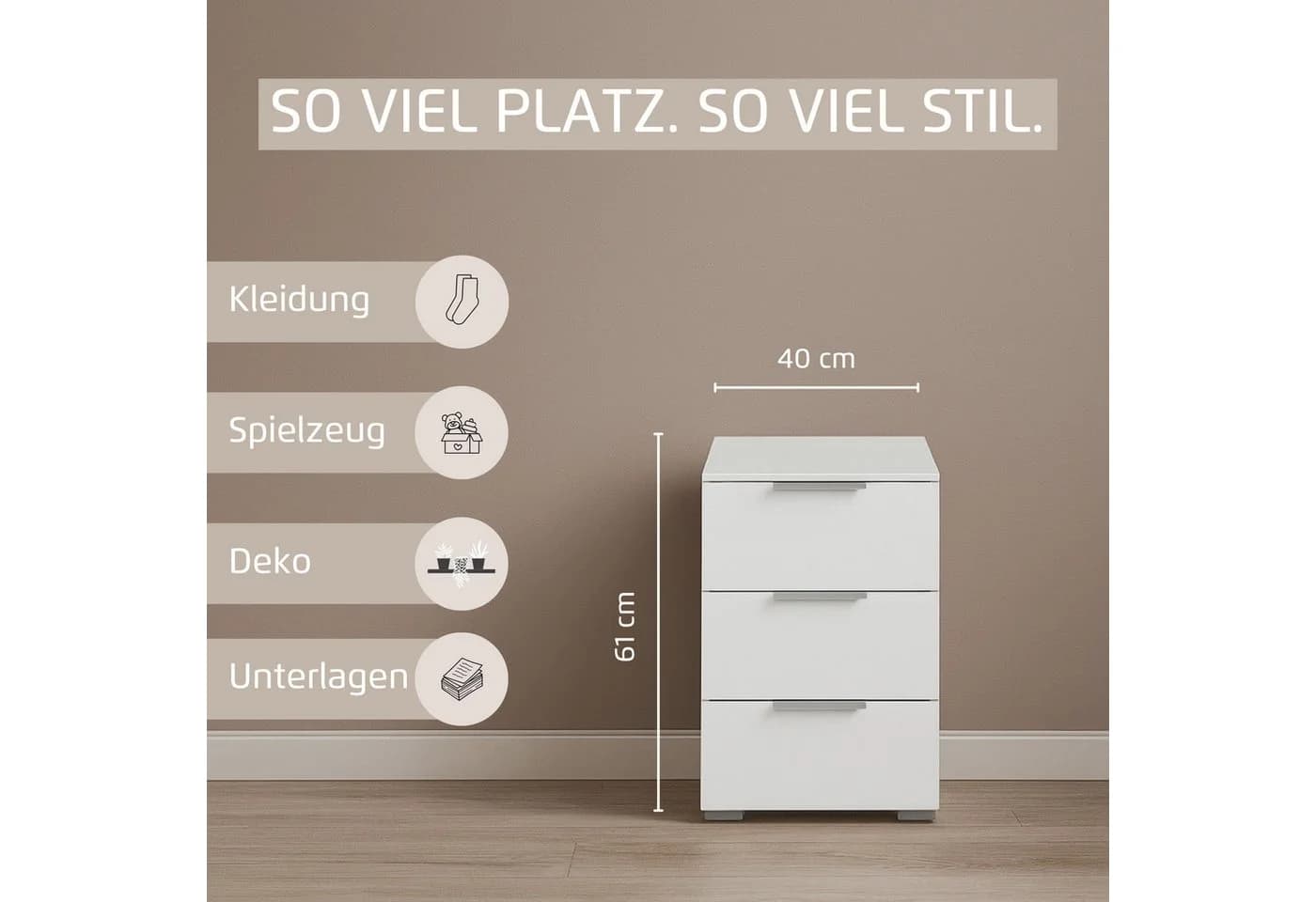 OTTO HOME Nachtkommode AGORDO Alpinweiß Hochglanz 3 Schubladen - Bild 4