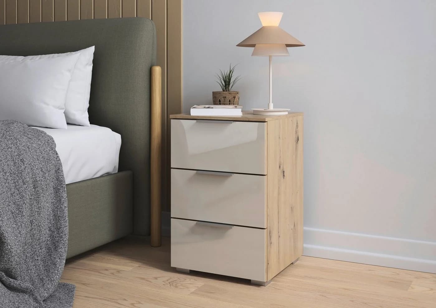OTTO HOME Nachtkommode AGORDO mit Glasfront Beige 3 Schubladen