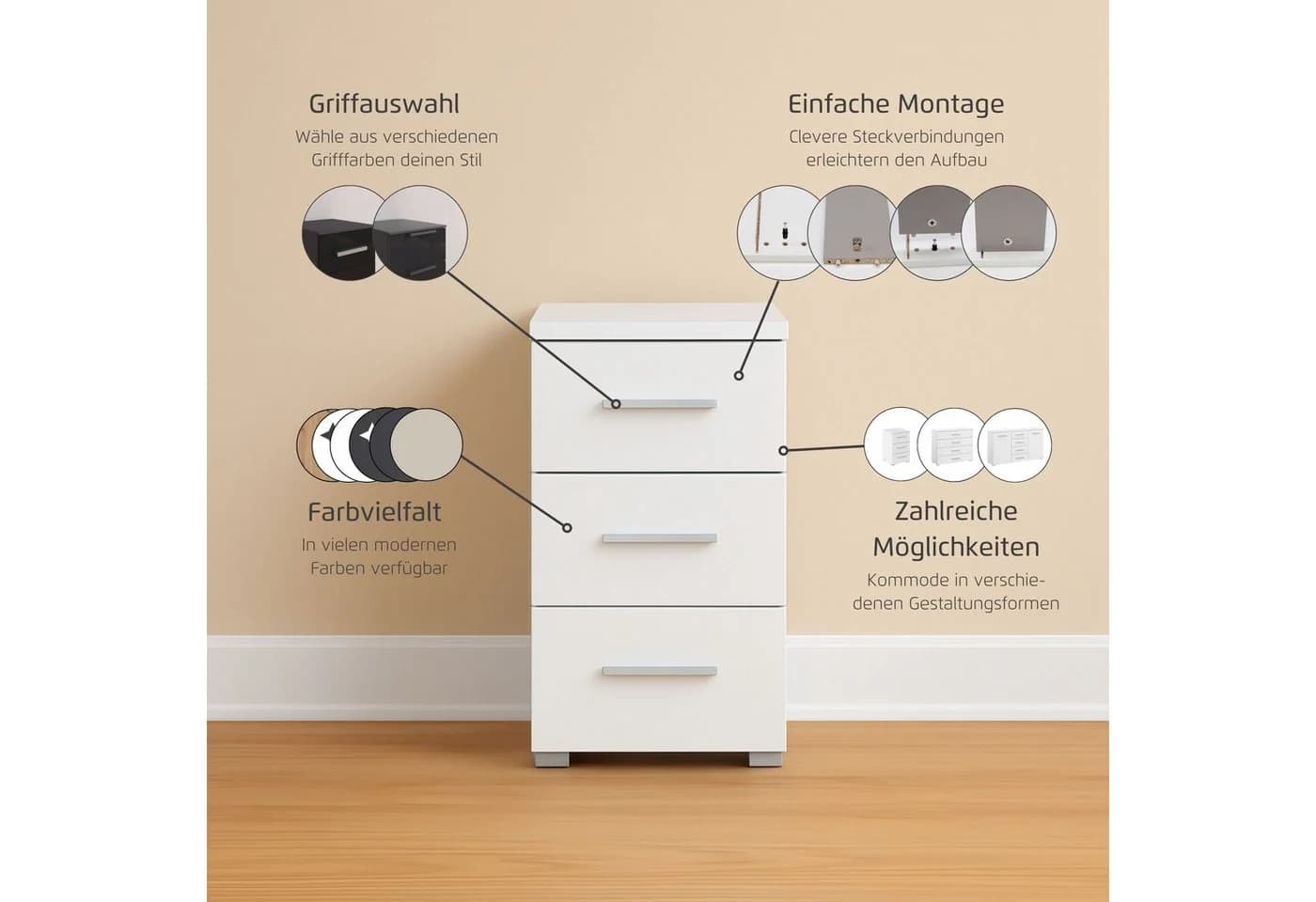 rauch Nachtkommode KOLUNA Alpinweiß Hochglanz 3 Schubladen - Bild 4