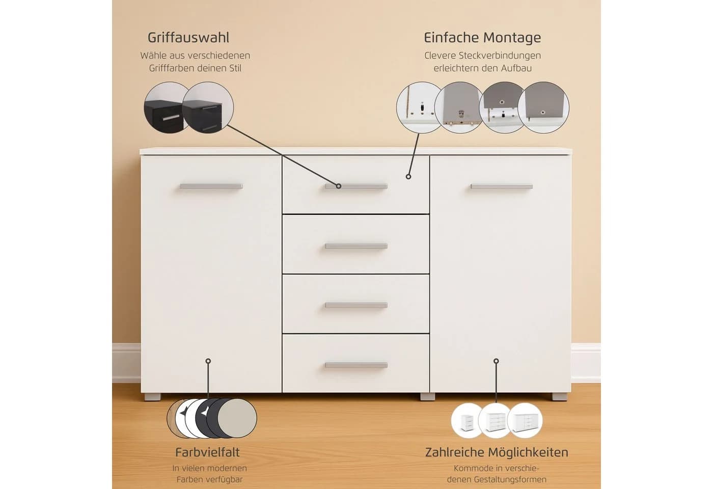 RAUCH KOLUNA Schubkastenkommode Weiß Glasfront 4 Schubladen - Bild 4