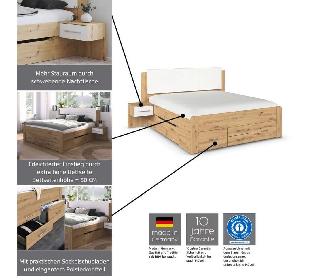 Schlafzimmer-Set RAUCH Komplettschlafzimmer Stauraumbett Eiche Artisan Alpinweiß - Bild 4
