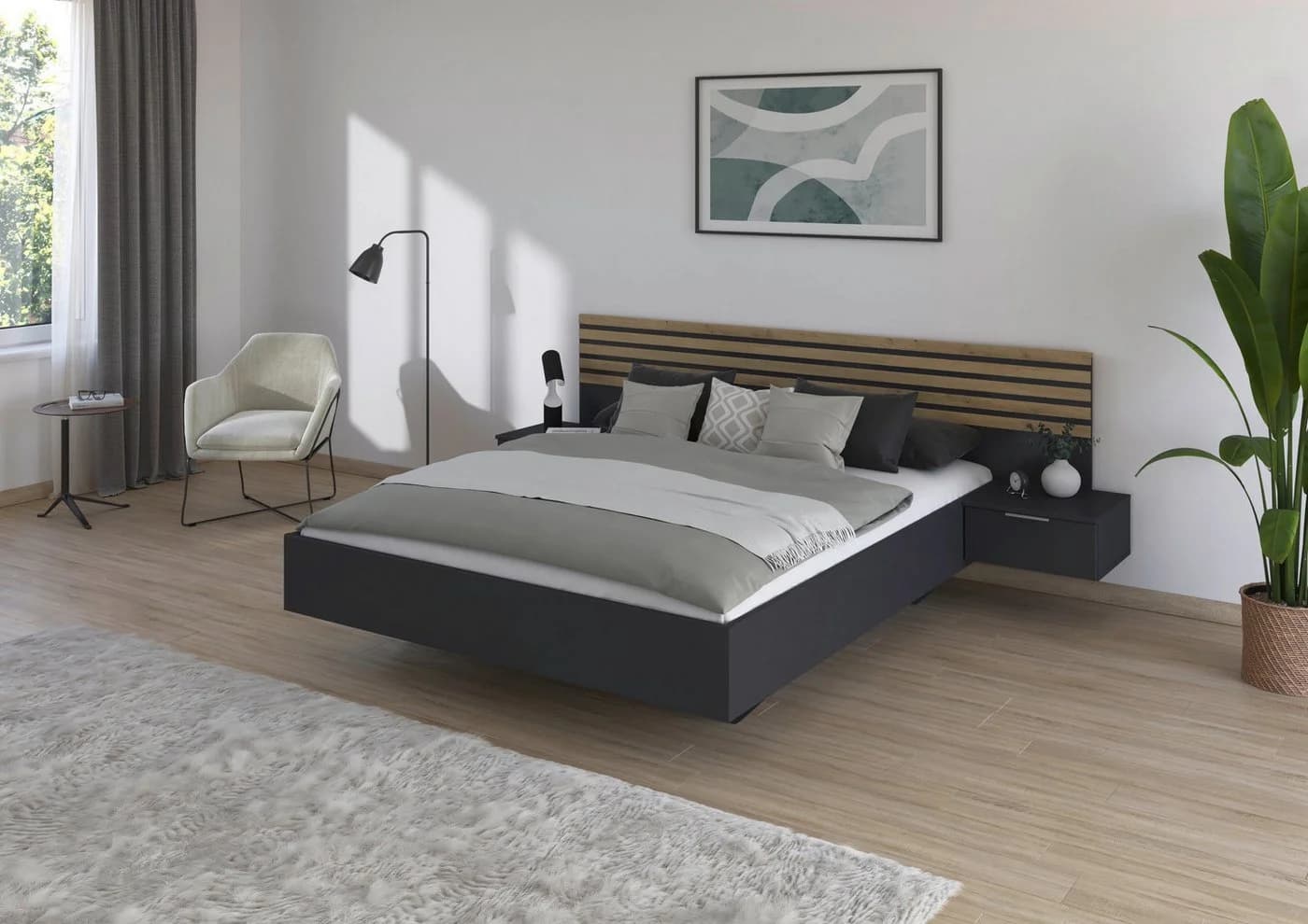 Rauch Bettanlage LAMELLA Doppelbett schwebend grau eiche