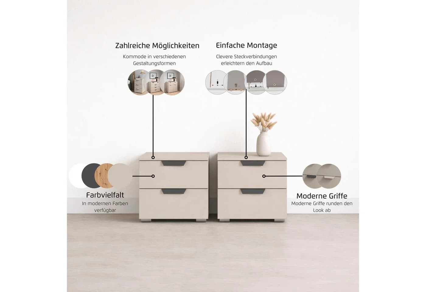 Nachtkommode RAUCH Costa Set mit Metallgriffen Beige - Bild 5