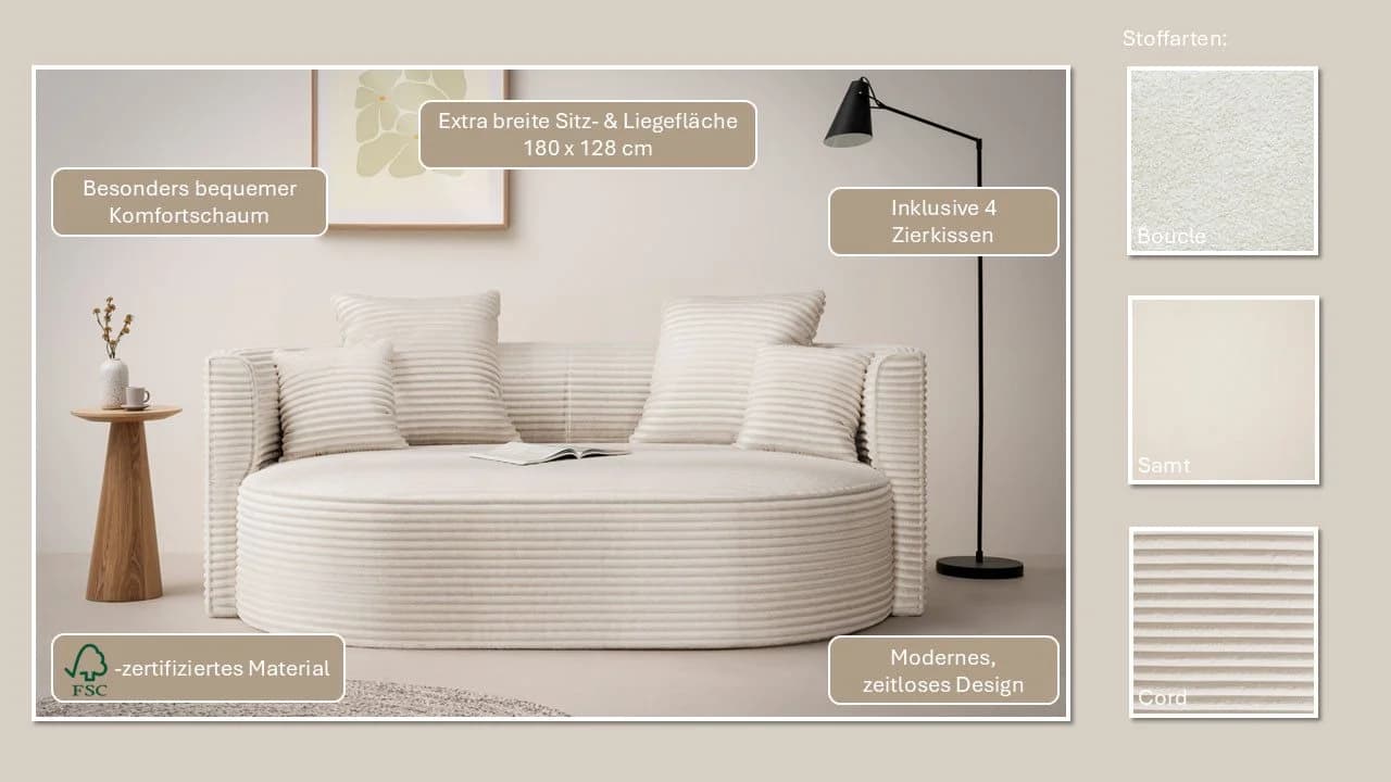 LeGer Home ISALIE Rundes Loungesofa 2,5-Sitzer Beige Samtoptik - Bild 3