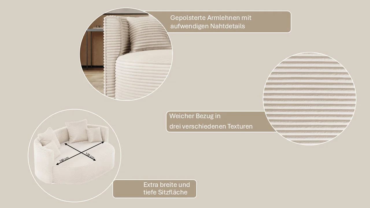 LeGer Home ISALIE Rundes Loungesofa 2,5-Sitzer Beige Samtoptik - Bild 4