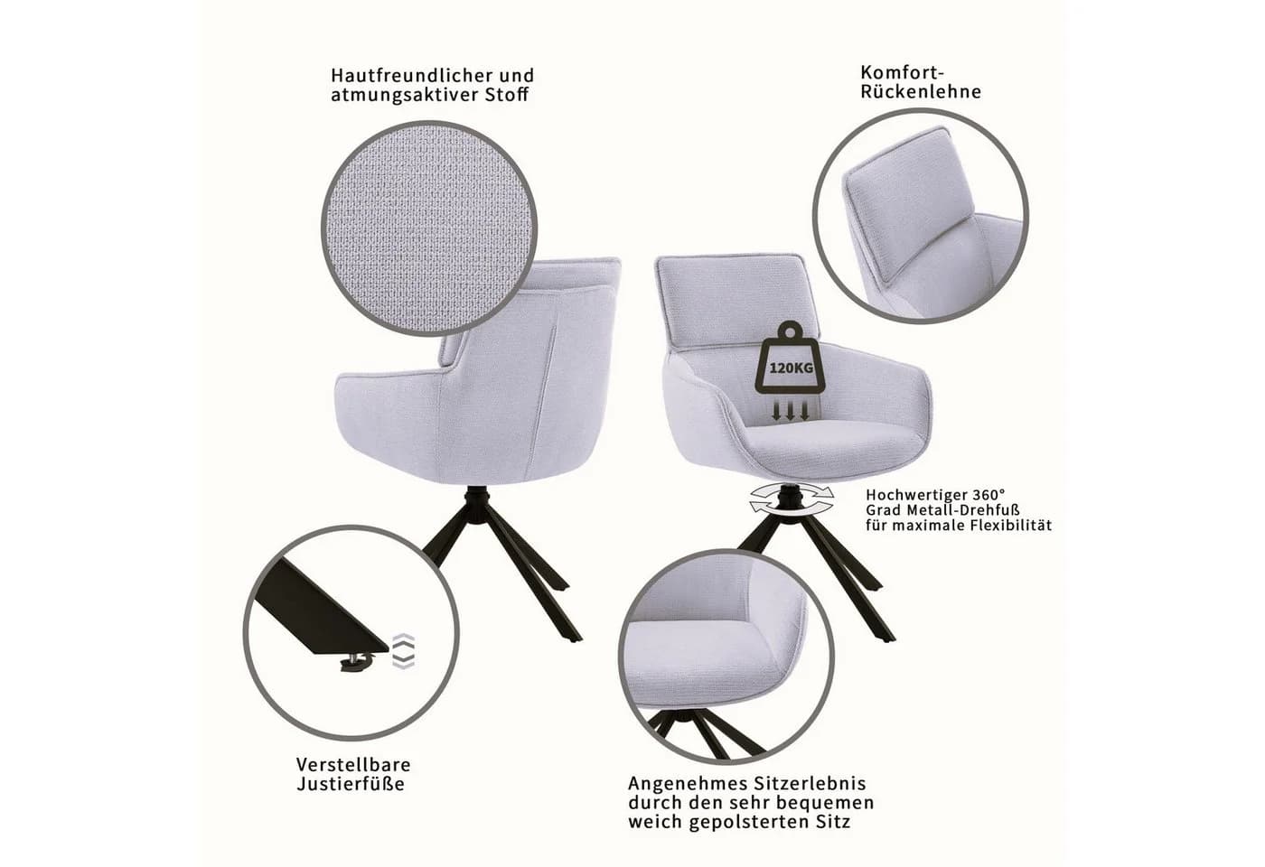 Home Affaire Esszimmerstuhl Cusey 360° drehbar, extra dicke Polsterung, 2er-Set, grau - Bild 3