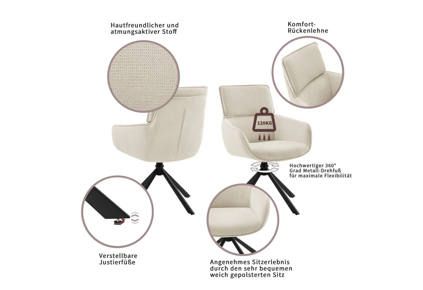 Home Affaire Esszimmerstuhl Cusey 360° drehbar, extra dicke Polsterung, 2er-Set Beige - Bild 3