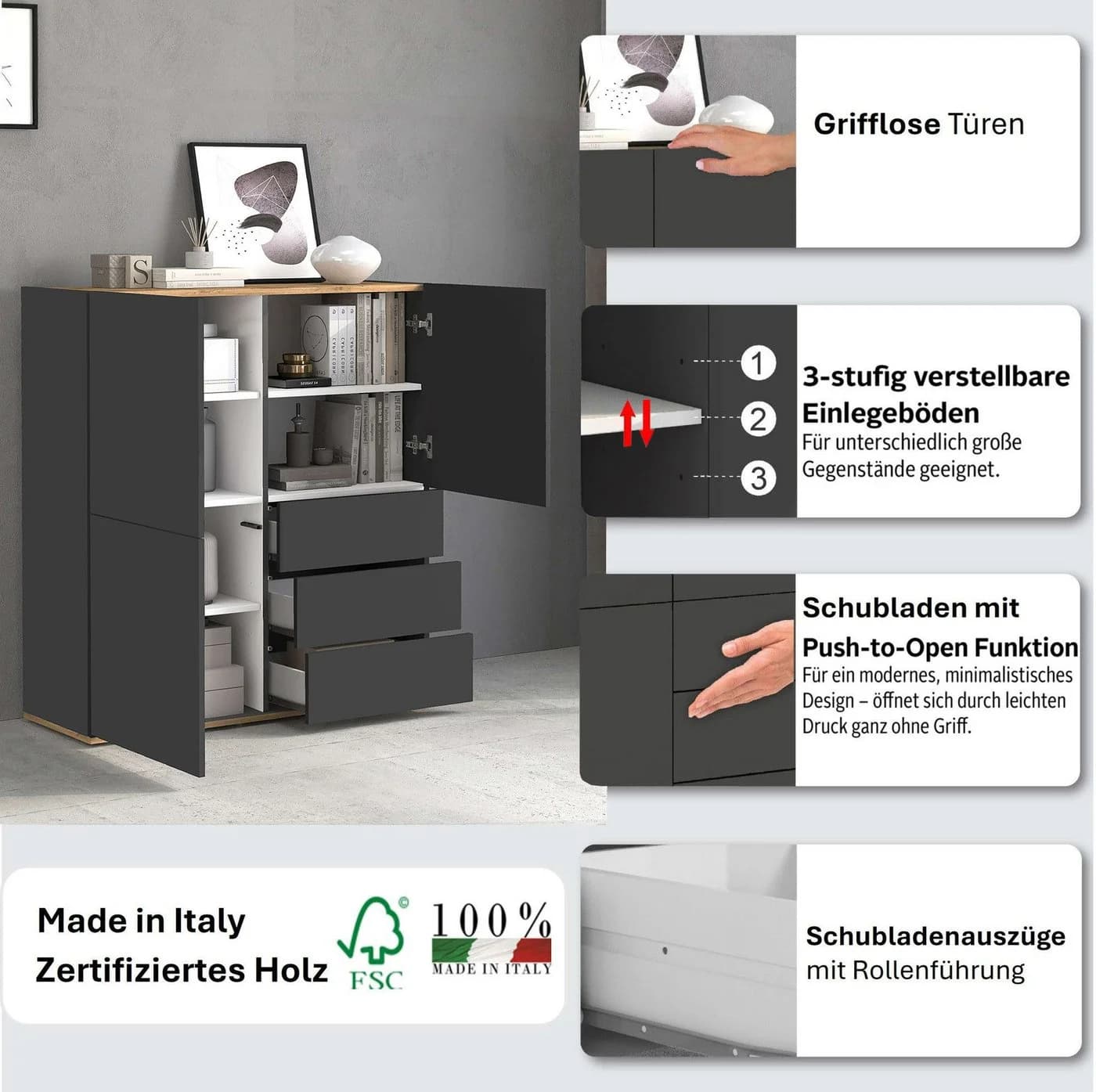 OTTO HOME GARDA Highboard 3 Türen 3 Schubladen Anthrazit Eiche - Bild 3