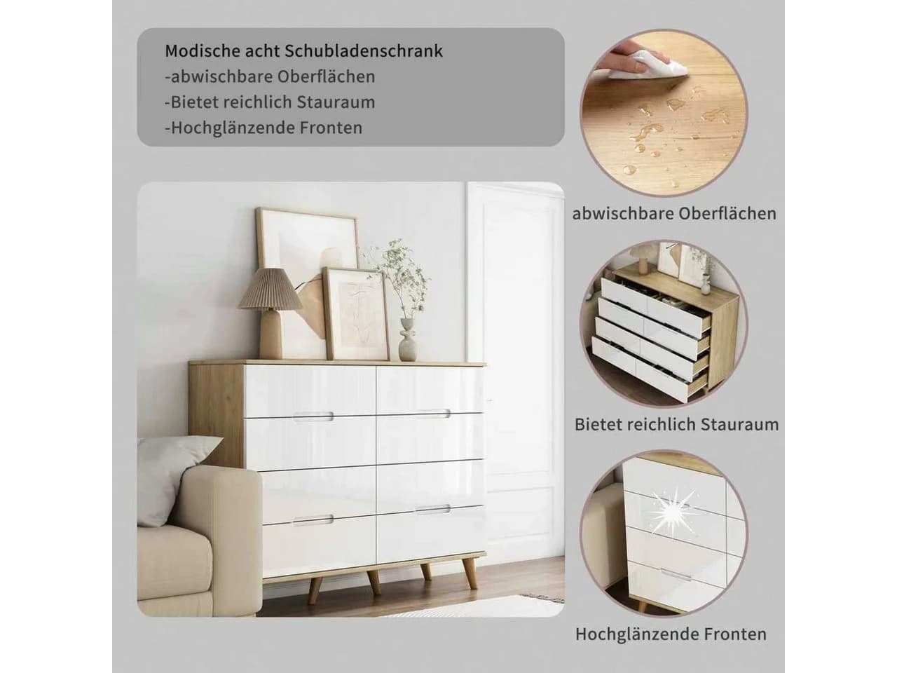 Kommode OTTO HOME Lund Weiß mit Glänzenden Fronten und Griffmulden - Bild 3