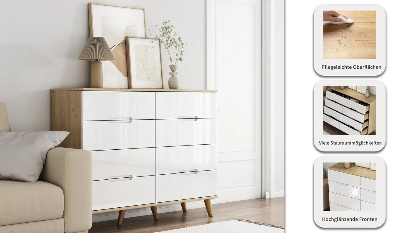 Kommode OTTO HOME Lund Weiß mit Glänzenden Fronten und Griffmulden - Bild 4