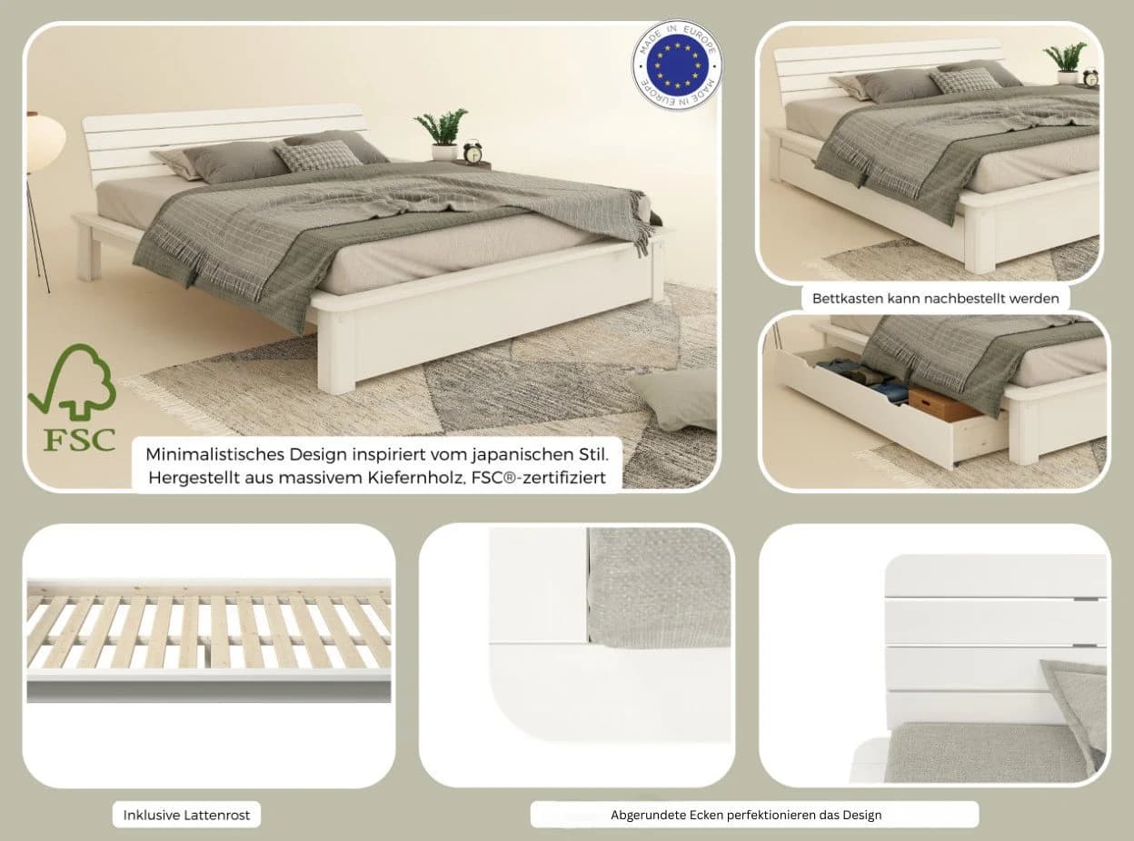Massivholzbett Antri Futonbett Ergonomisch Geformtes Kopfteil Weiß - Bild 3