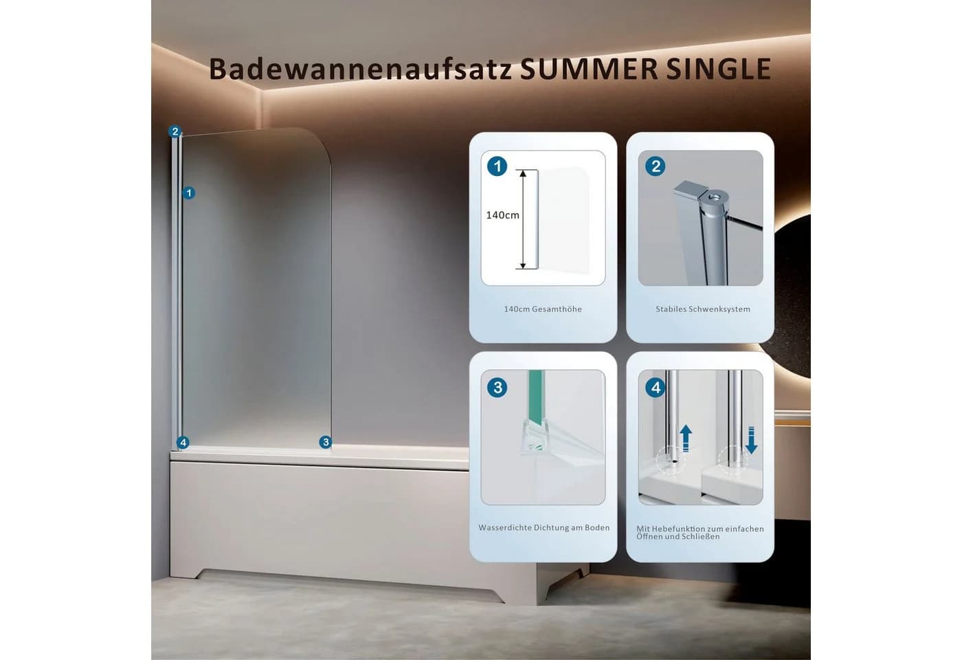 Welltime Badewannenaufsatz Summer Single foggy Duschwand - Bild 2