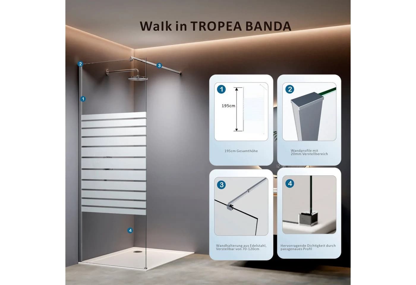 welltime Walk-in-Dusche Nassau Single Streifendekor