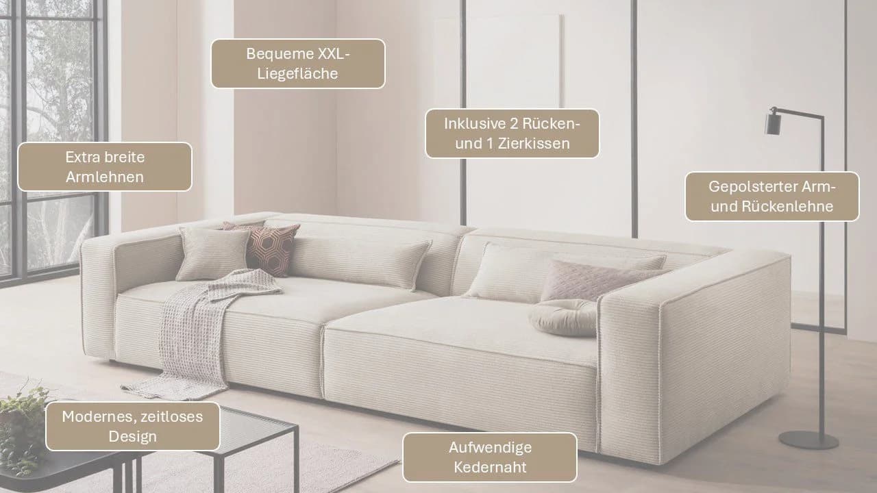 LeGer Home PIARA XXL 3-Sitzer Sofa Beige Polyester - Bild 3