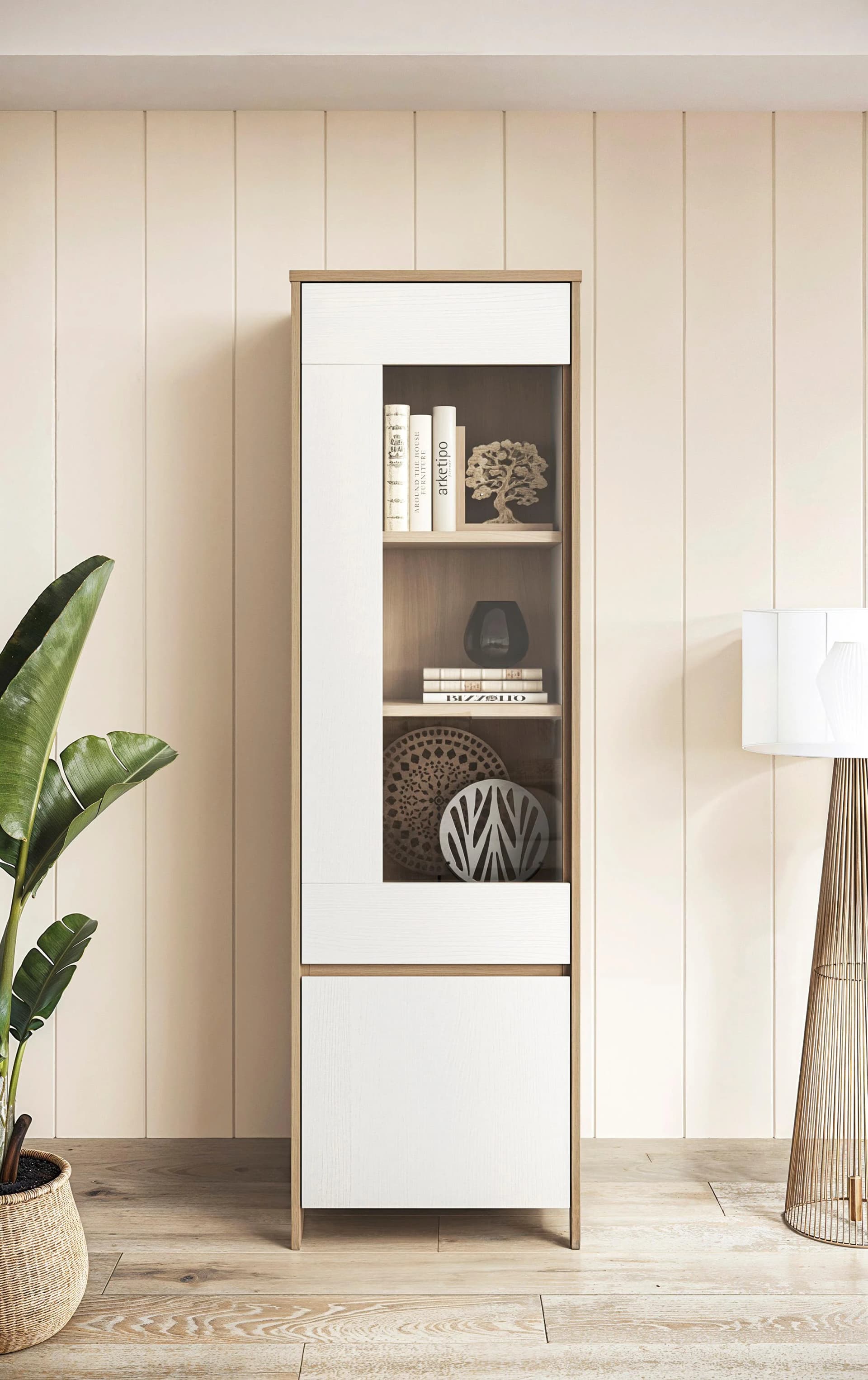 HOME AFFAIRE Vitrine Stranda Weiß Skandi Eiche Hochschrank
