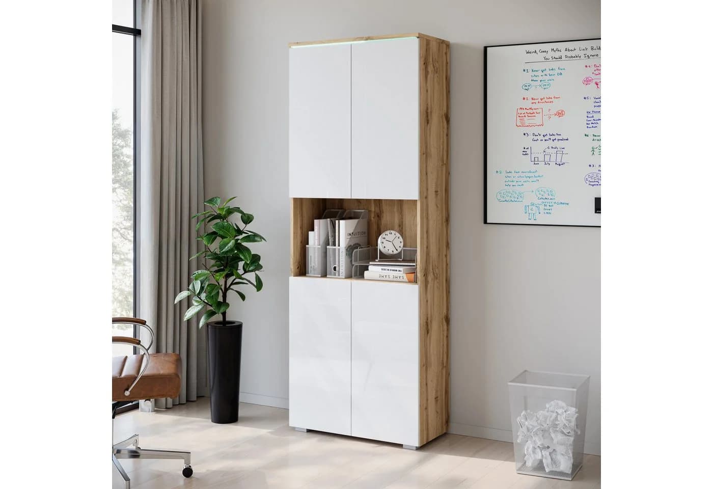 HOME AFFAIRE Aktenschrank Vera mit LED-Beleuchtung Weiß/Eiche - Bild 4